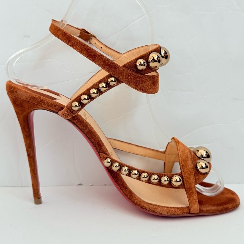 Christian Louboutin Galeria 100mm Cognac Suede studded Heels Sandals EU 37 - Picture 8 of 14